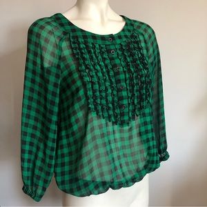 Blousy Green Plaid Sheer Top with Tuxedo ruffles H&M Divided